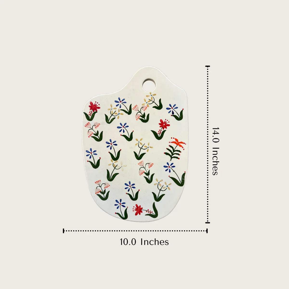 14.0 inches tall white cutting board with floral designs; width and length measurements for elegant tabletop planning and serving.