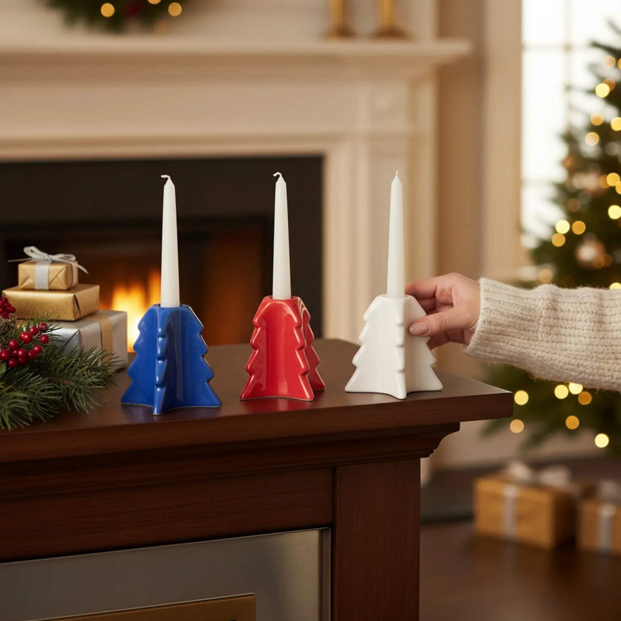Seasonal mantle; the set of three arranged on a fireplace mantle with fresh pine needles and fairy lights.