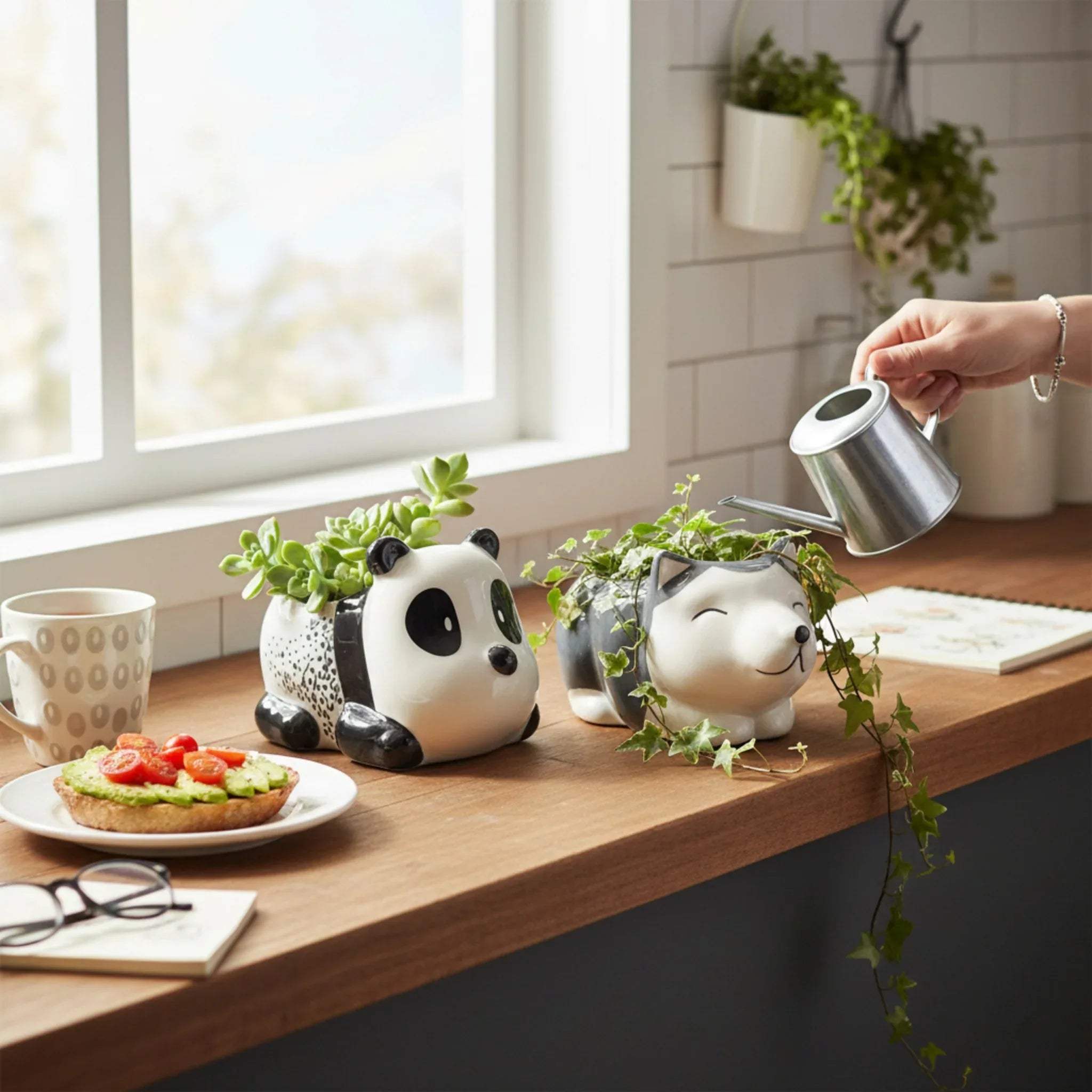 Hand-painted wolf and panda features; artisanal ceramic finish and whimsical animal pottery texture.