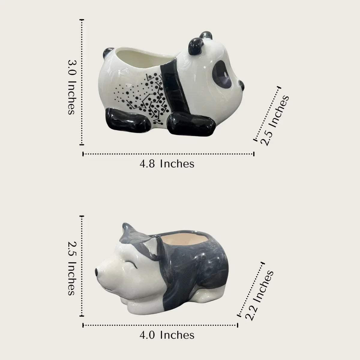 Forest Guardians size; 3.0-inch tall wolf and panda pots with drainage holes for healthy succulents.