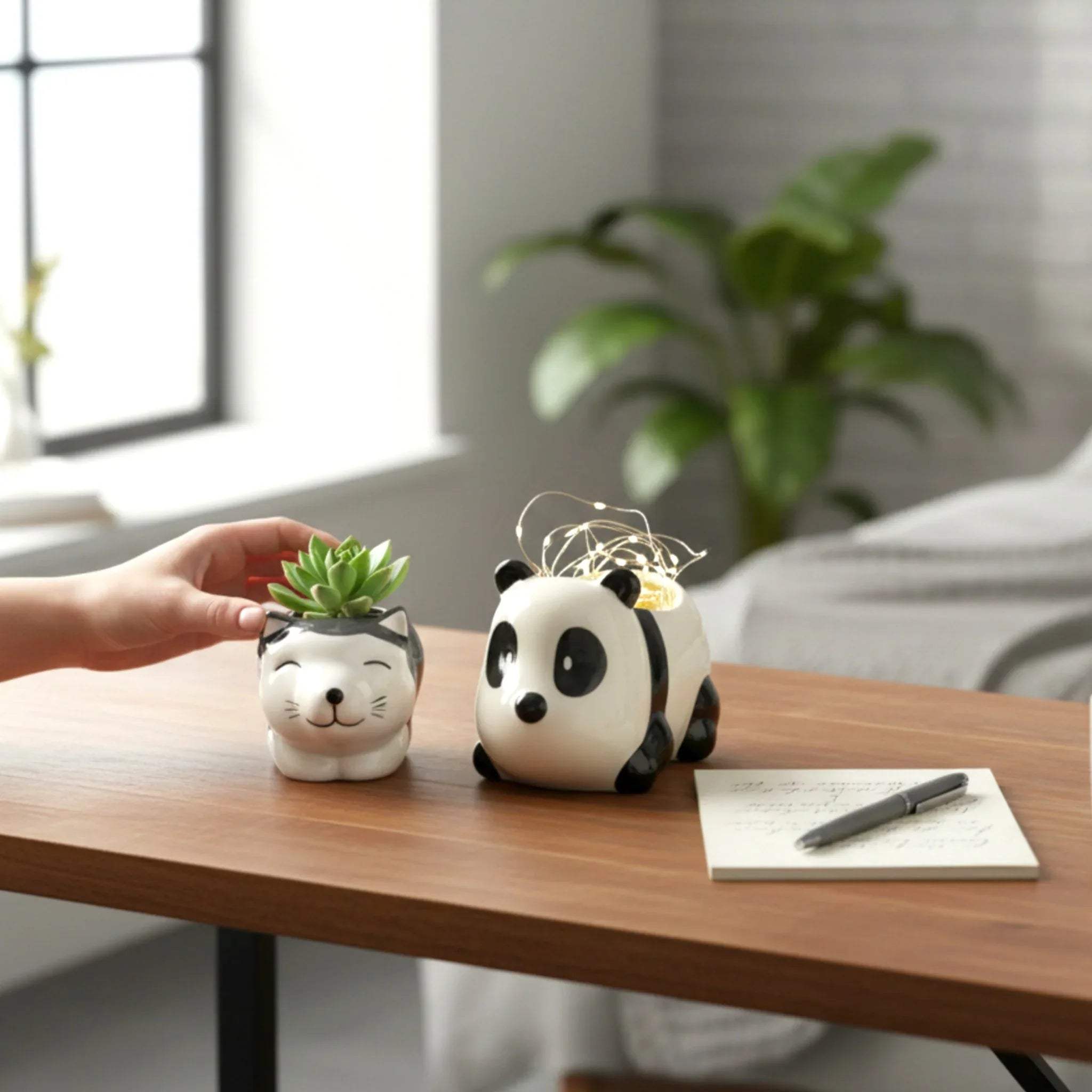 Forest Guardians on a modern shelf; Pinterest-worthy study decor and aesthetic succulent styling ideas.