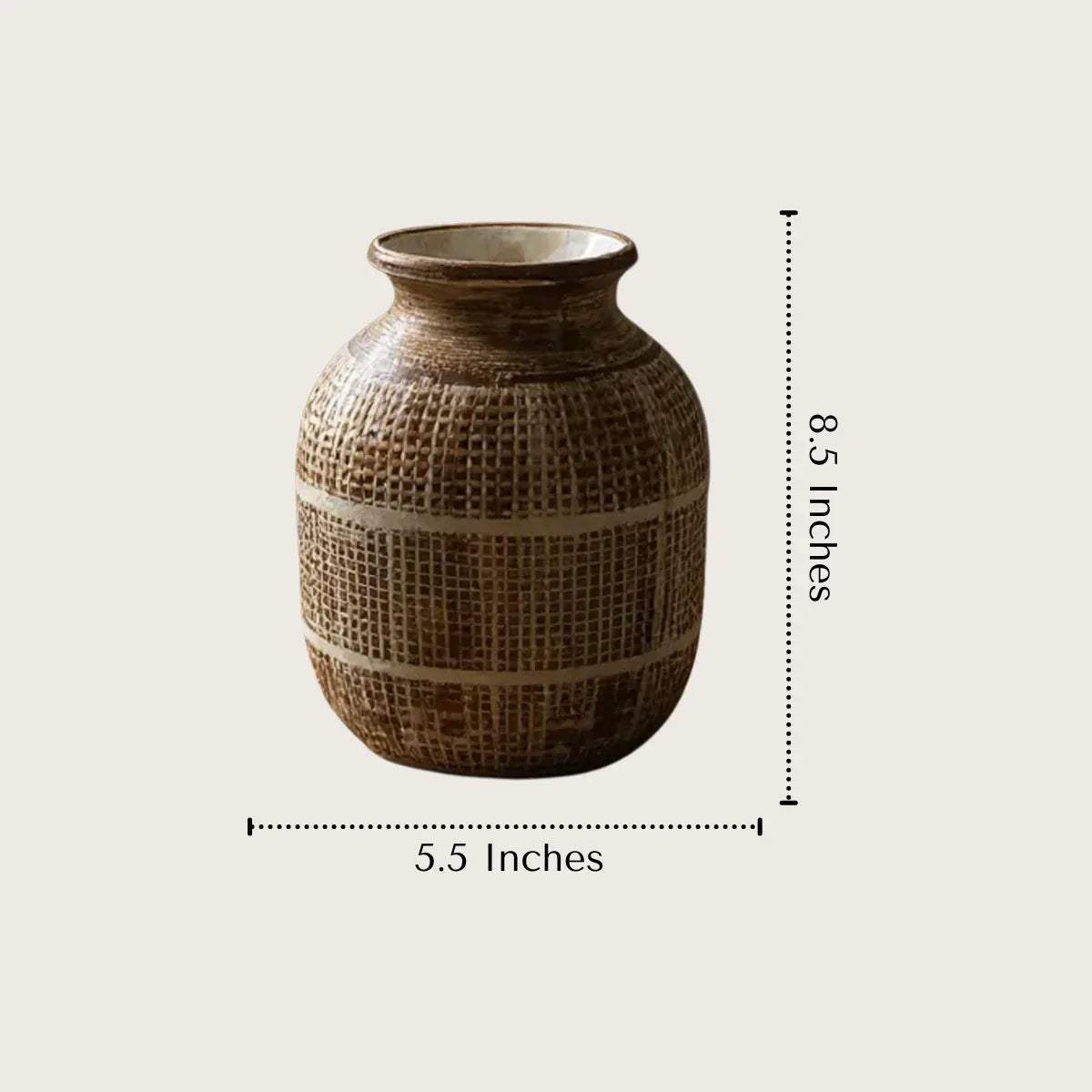 8.5 inches tall ceramic rustic finish vase; height and neck width measurements for floral styling and shelf placement.