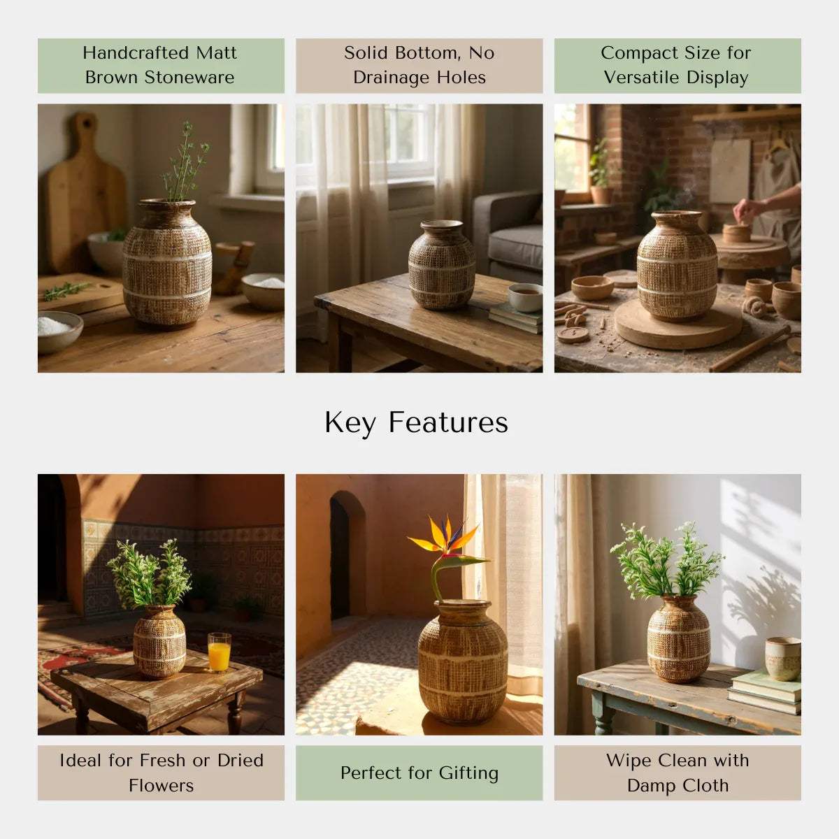 Rustic Stone quality; waterproof interior, stable weighted base, and handcrafted architectural ceramic finish.