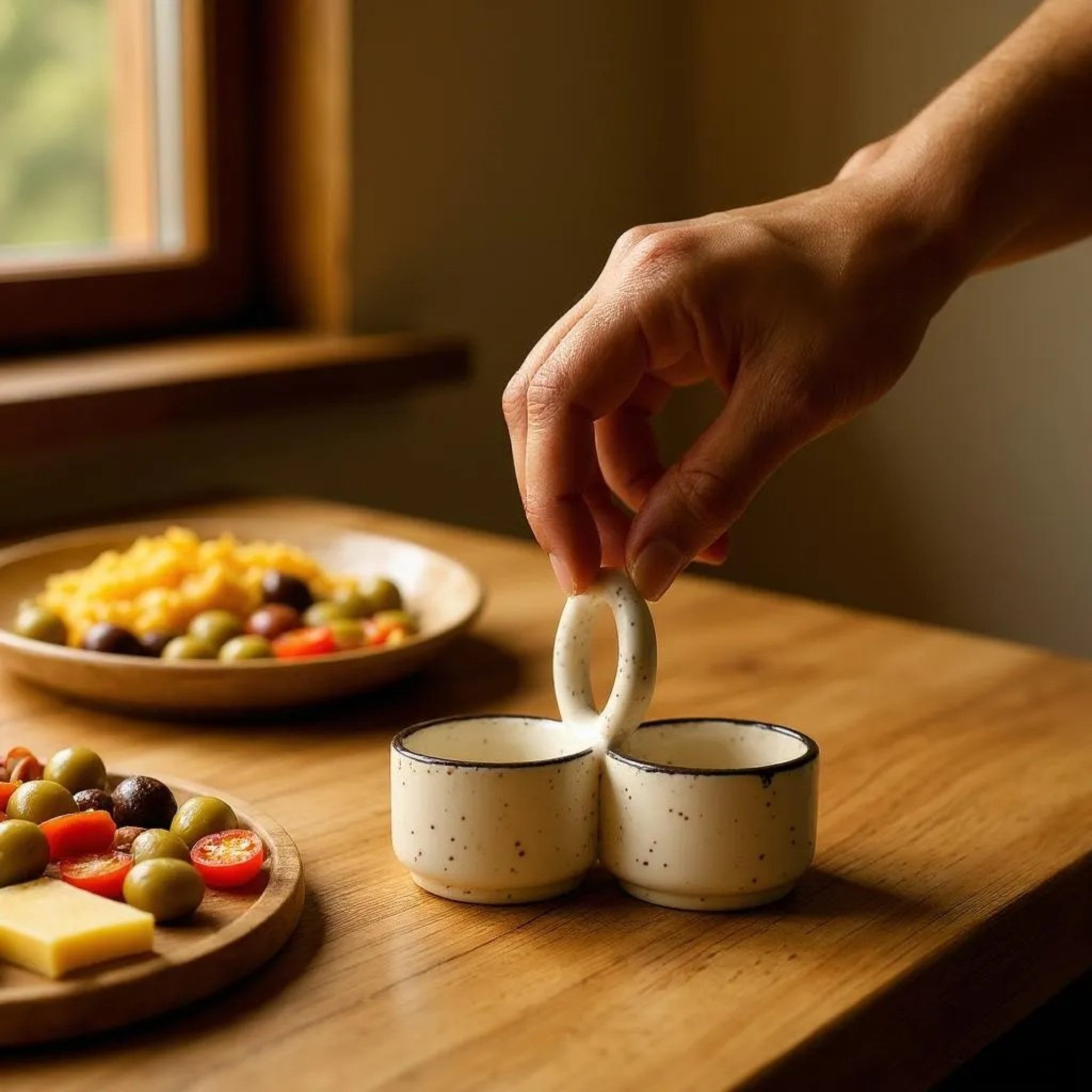 Hand using a small ceramic holder with food on a wooden table