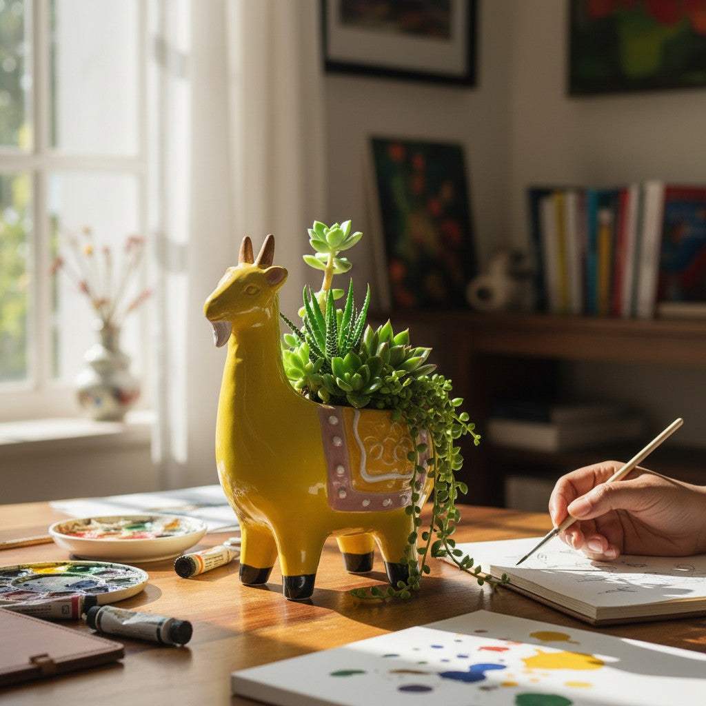 The whimsical ochre yellow ceramic animal planter holding a small succulent on a sunlit nursery shelf or bedroom bookcase.