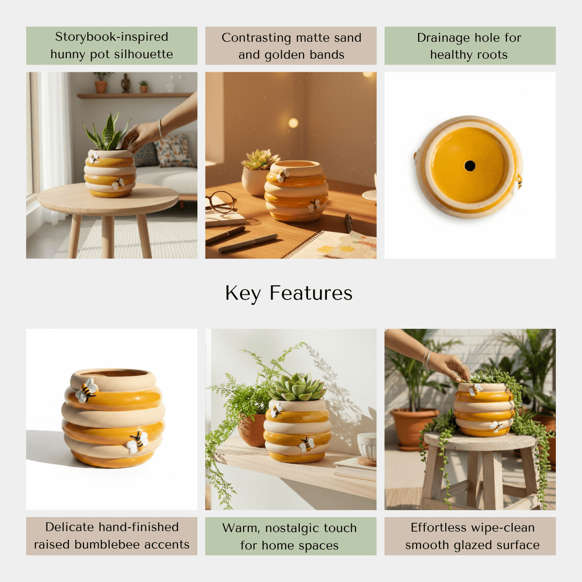 An infographic highlighting the two-tone glazed finish, hand-painted vintage colors, and raised bee elements of the ceramic pot.