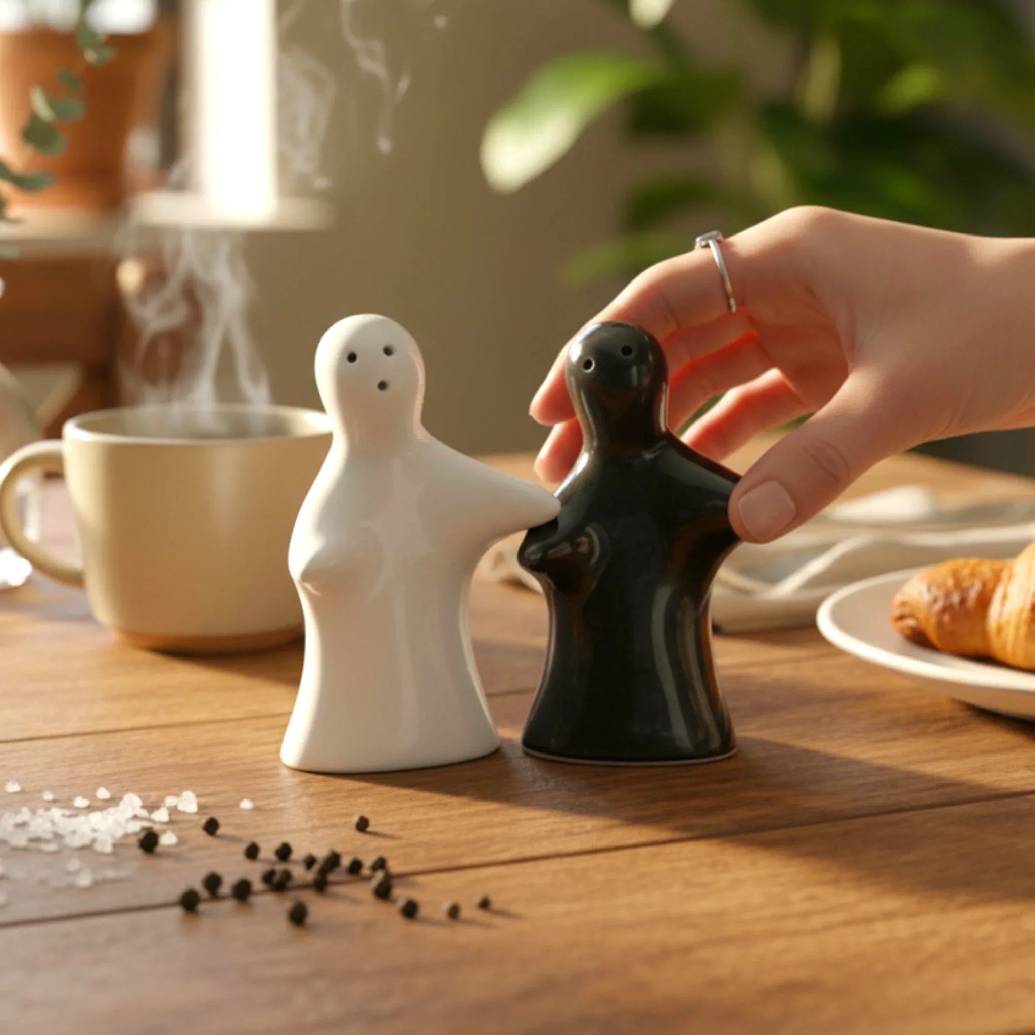 Yin Yang Salt and Pepper Set; two interlocking ceramic shakers in glossy black and white.