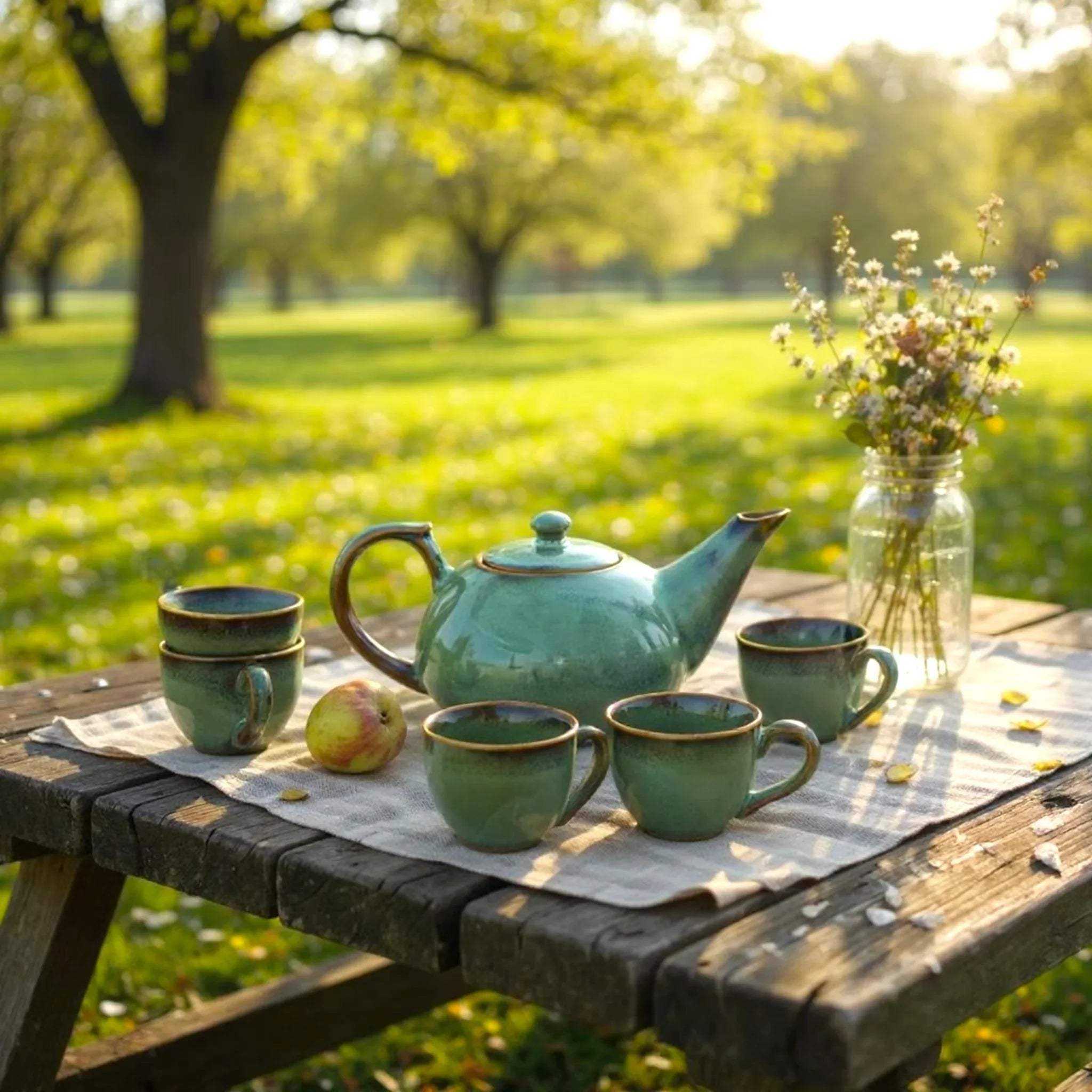 Zen garden; the set placed on a wooden table outdoors, surrounded by greenerr.