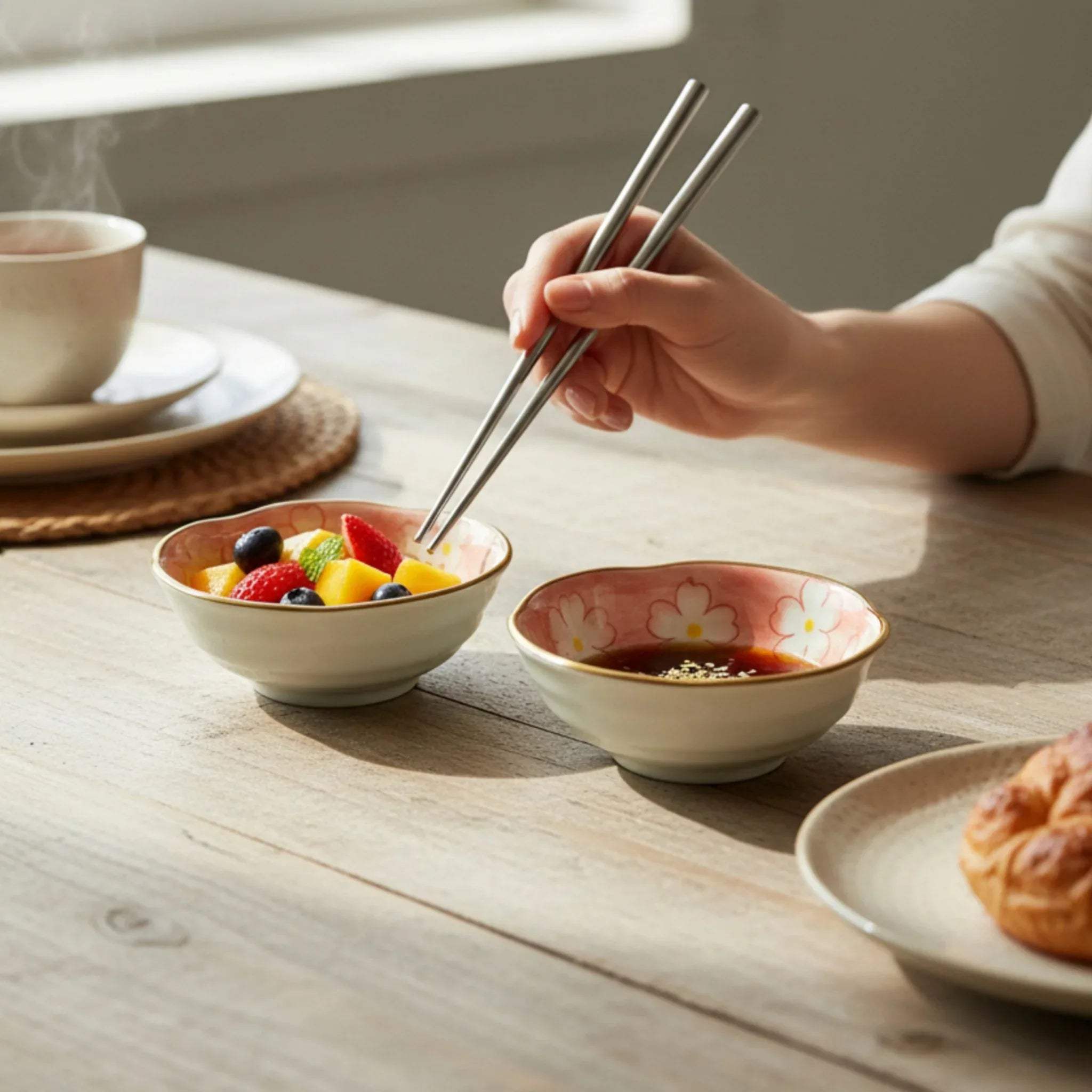 Zen-inspired breakfast time; the pink ceramic bowls filled with fruits and sauce next to a cup of green coffee.